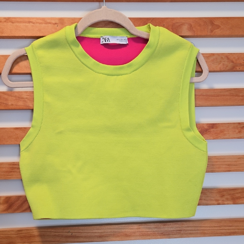 ZARA Womens Large Neon Green & Hot Pink Crop Colorblock Tank